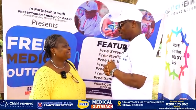 CHICHI FENING FOUNDATION USES FREE MEDICAL SCREENING TO WIN SOULS FOR CHRIST. REV CHALLOTTE AKUA ADOMA BOATENG OF HOLY SPIRIT CONGREGATION, ASENSO KYEKYEWERE IN THE BEKWAI DISTRICT.